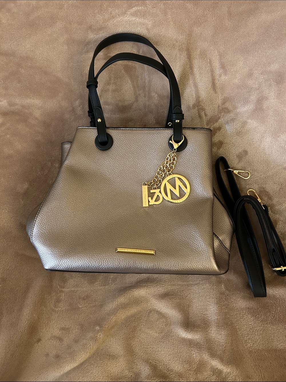 MIA Metallic Taupe Crossbody Tote with Black Straps and Gold Hardware